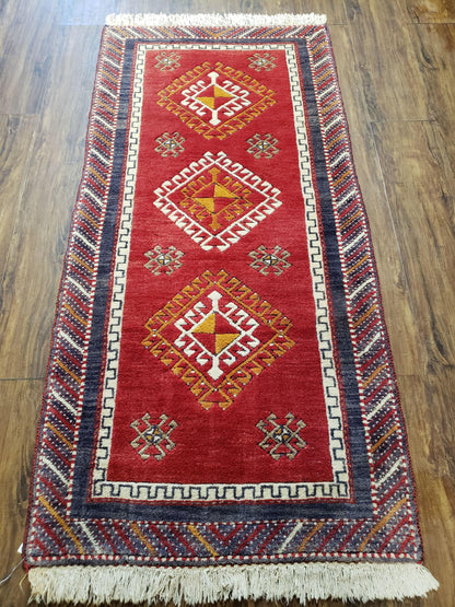 Vintage Turkish Kazak Rug 2.5 by 5 Red Wool Runner With Medallions Geometric Pattern