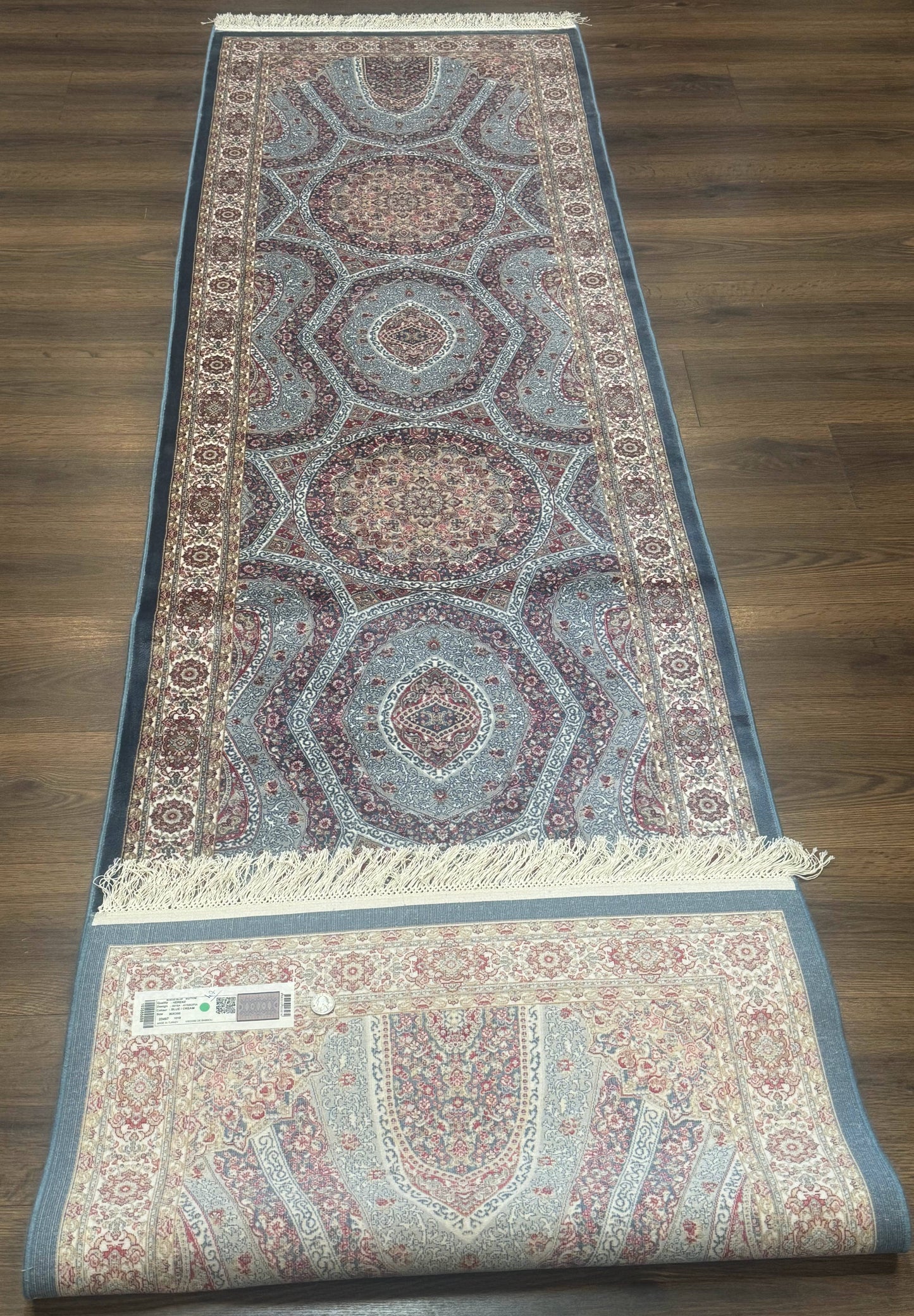 Turkish Silk Runner Rug 2.6 x 10, Light Blue Carpet, Bamboo Silk, New