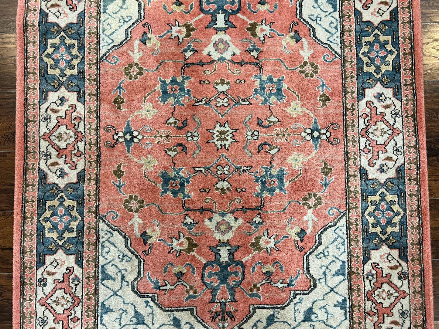 Karastan Rug 4x6 Bergama Design #737, Karastan Area Rug, Vintage Wool Karastan Carpet, Original Collection 700 Series, Salmon Red Light Blue