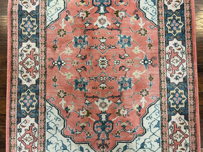 Karastan Rug 4x6 Bergama Design #737, Karastan Area Rug, Vintage Wool Karastan Carpet, Original Collection 700 Series, Salmon Red Light Blue