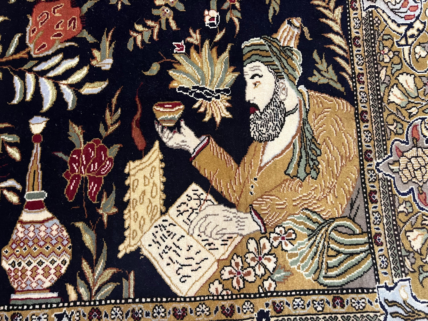 Persian Qum Pictorial Rug With Layla Majnun Birds In Garden Scene 4.8 By 6.5