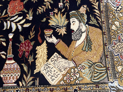 Persian Qum Pictorial Rug With Layla Majnun Birds In Garden Scene 4.8 By 6.5