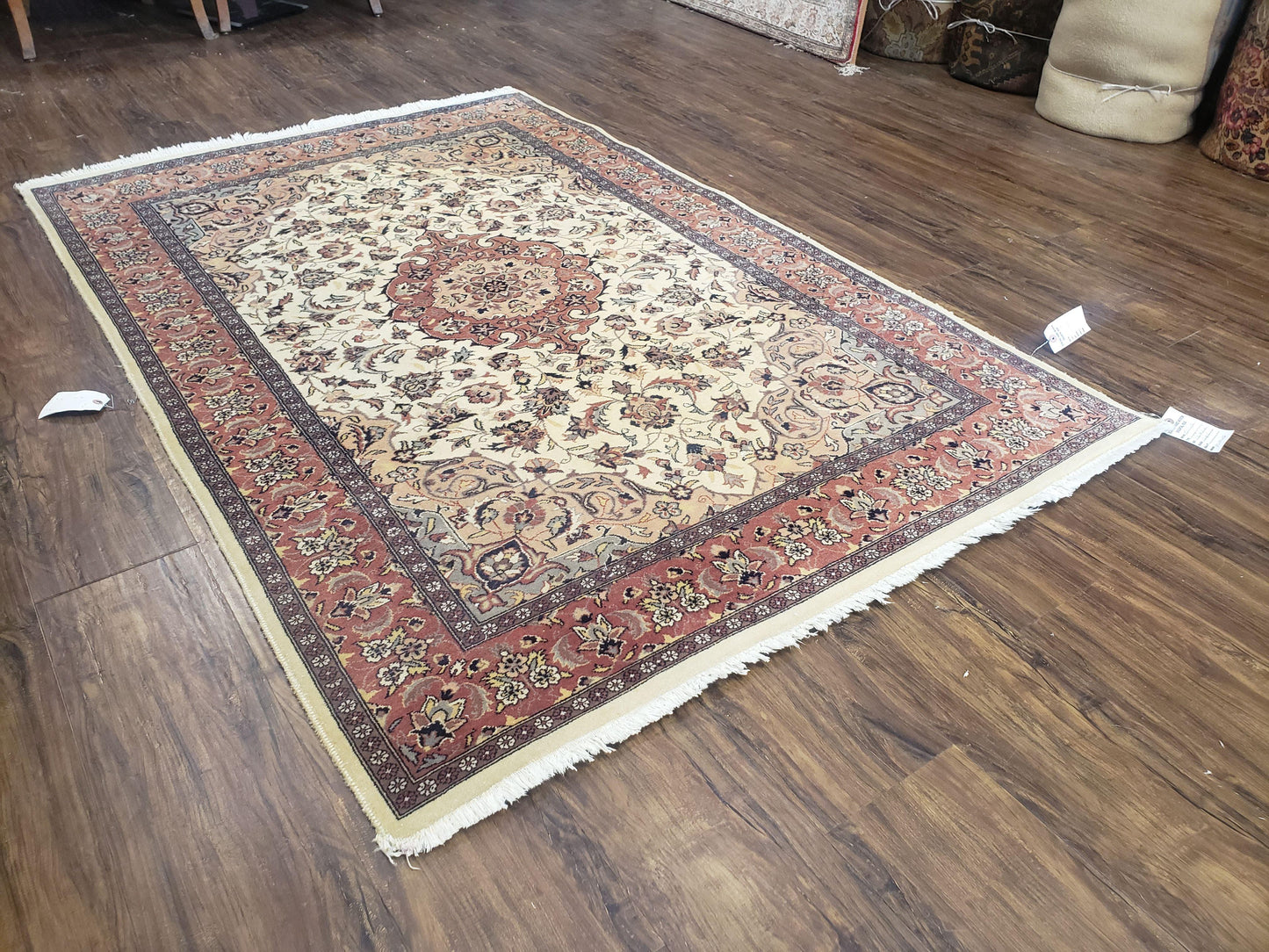 Handmade Pakistani Floral Wool Rug 4x6 Vegetable Dyes Carpet Beige Salmon