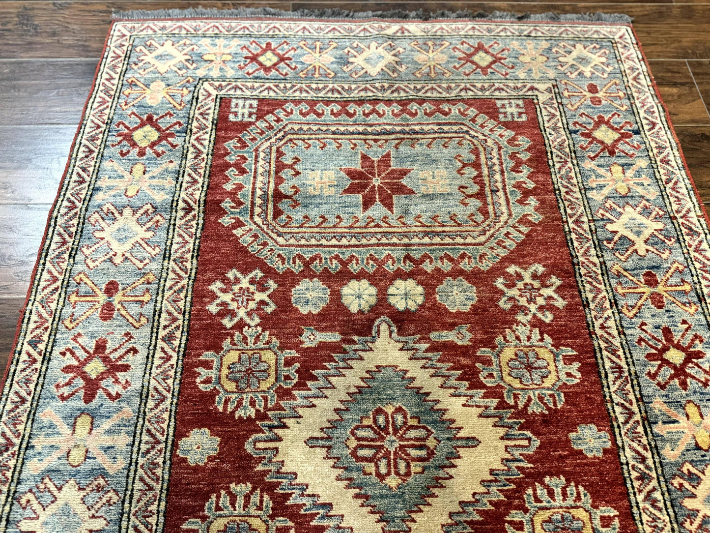 Turkish Kazak Rug Handmade Vintage Wool Carpet Geometric Design Red And Light Blue