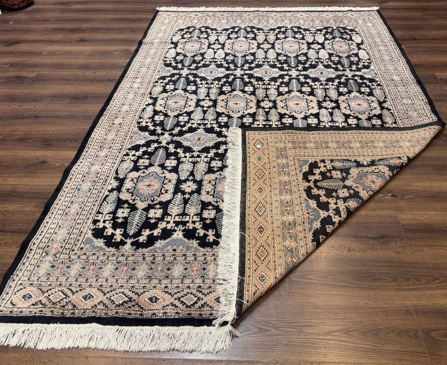 Turkoman Bokhara Rug 6x9 Hand Knotted Wool Carpet Black Handmade Authentic Pakistani