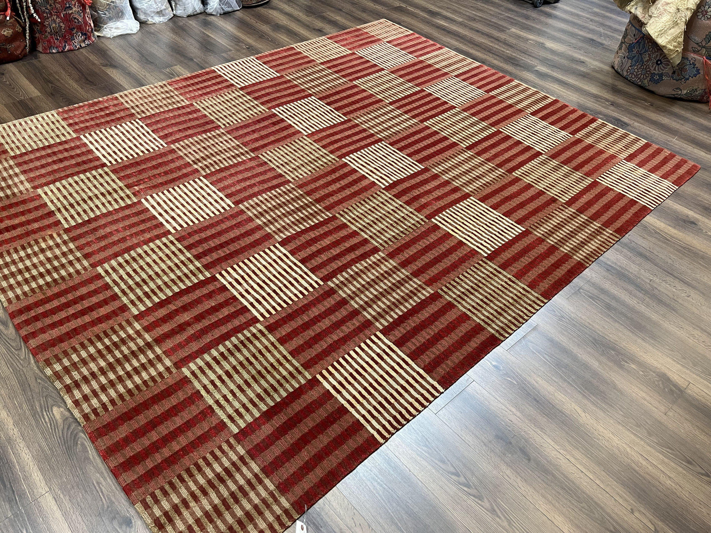 Modern Tibetan Rug 8x10, Hand Knotted Contemporary Nepali Carpet 8 x 10, Checkerboard Design, Red Cream Light Brown, Very Fine Wool & Silk