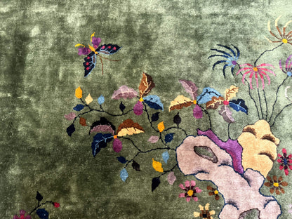 Antique Chinese Nichols Rug 9x12 Rare Green and Purple Art Deco Carpet