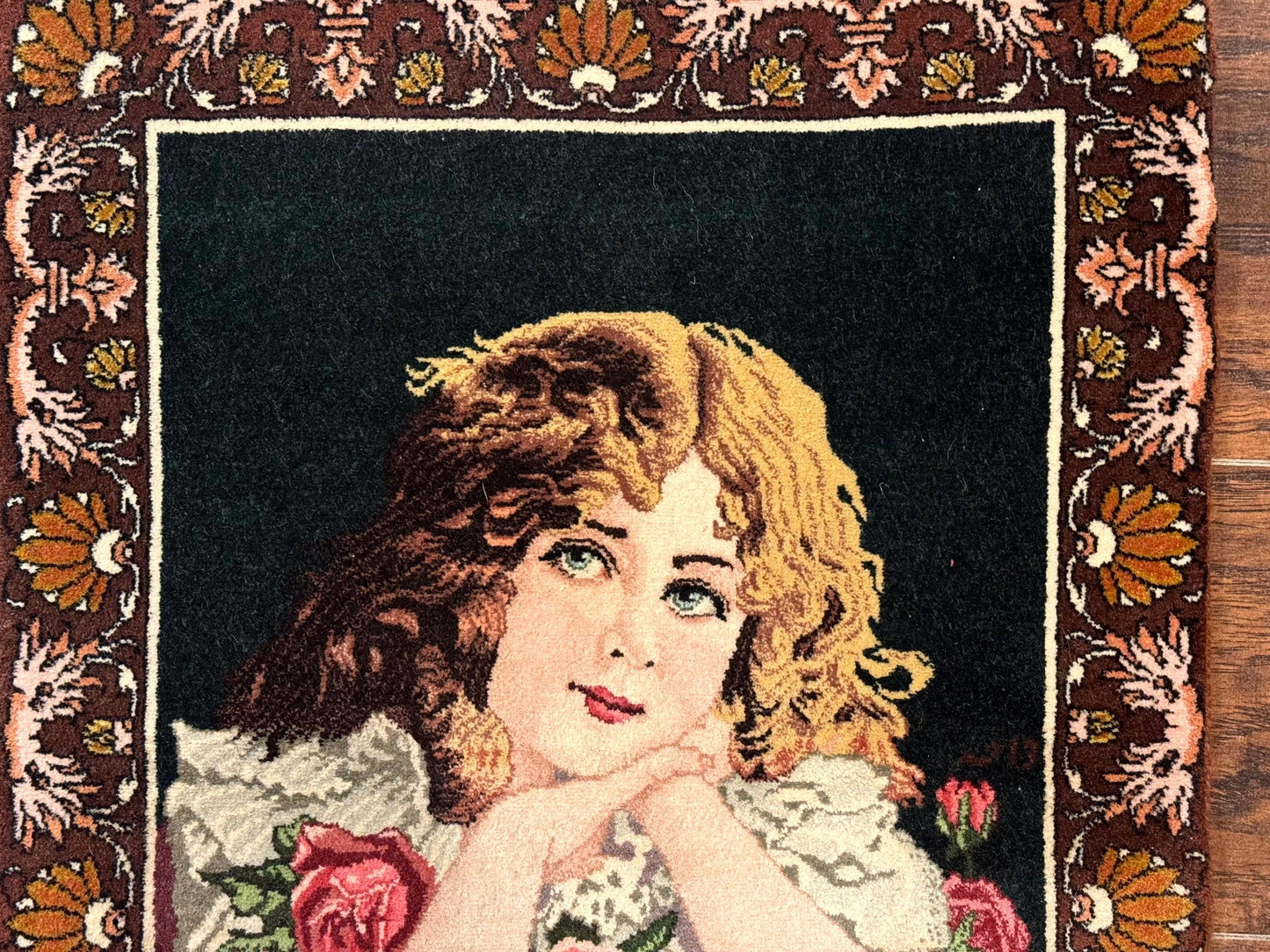 Persian Pictorial Rug Small Tabriz With Roses Portrait Of A Young Lady Handmade Wall Hanging