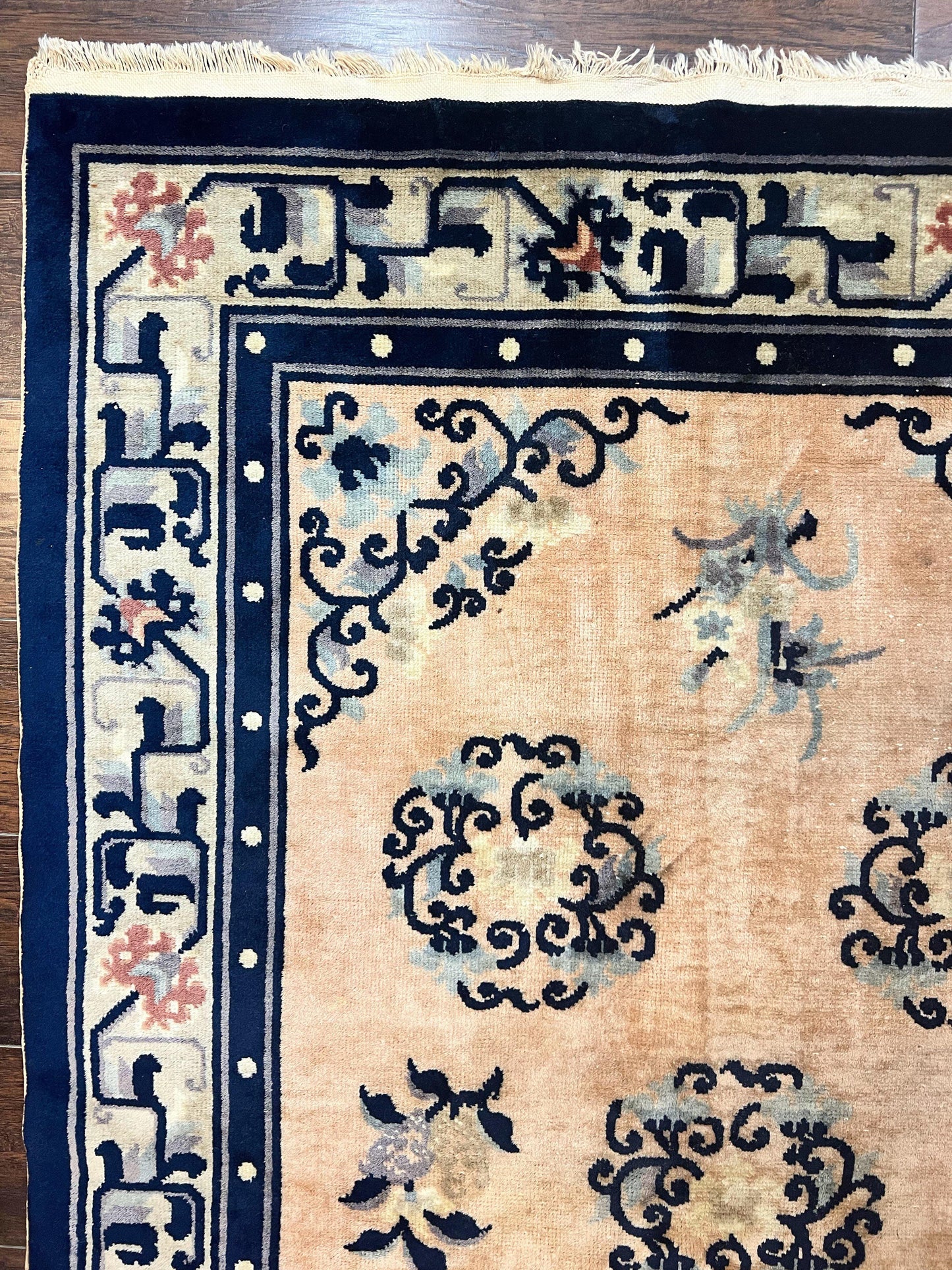 Chinese Peking Rug 4x6 Wool Hand Knotted Vintage Semi Antique Carpet Light Peach Navy Art Deco Style