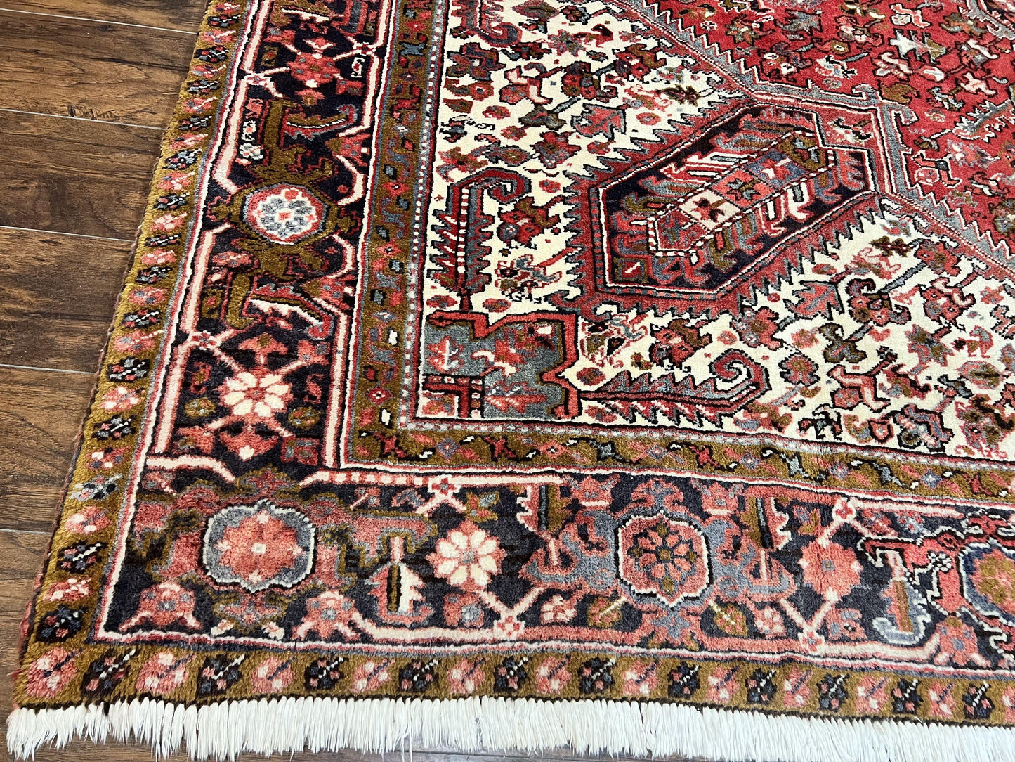 Large Persian Heriz Rug 10x13, Wool Hand Knotted Antique Carpet, Red and Ivory, Geometric Tribal Room Sized Rug, Decorative Oriental Rug