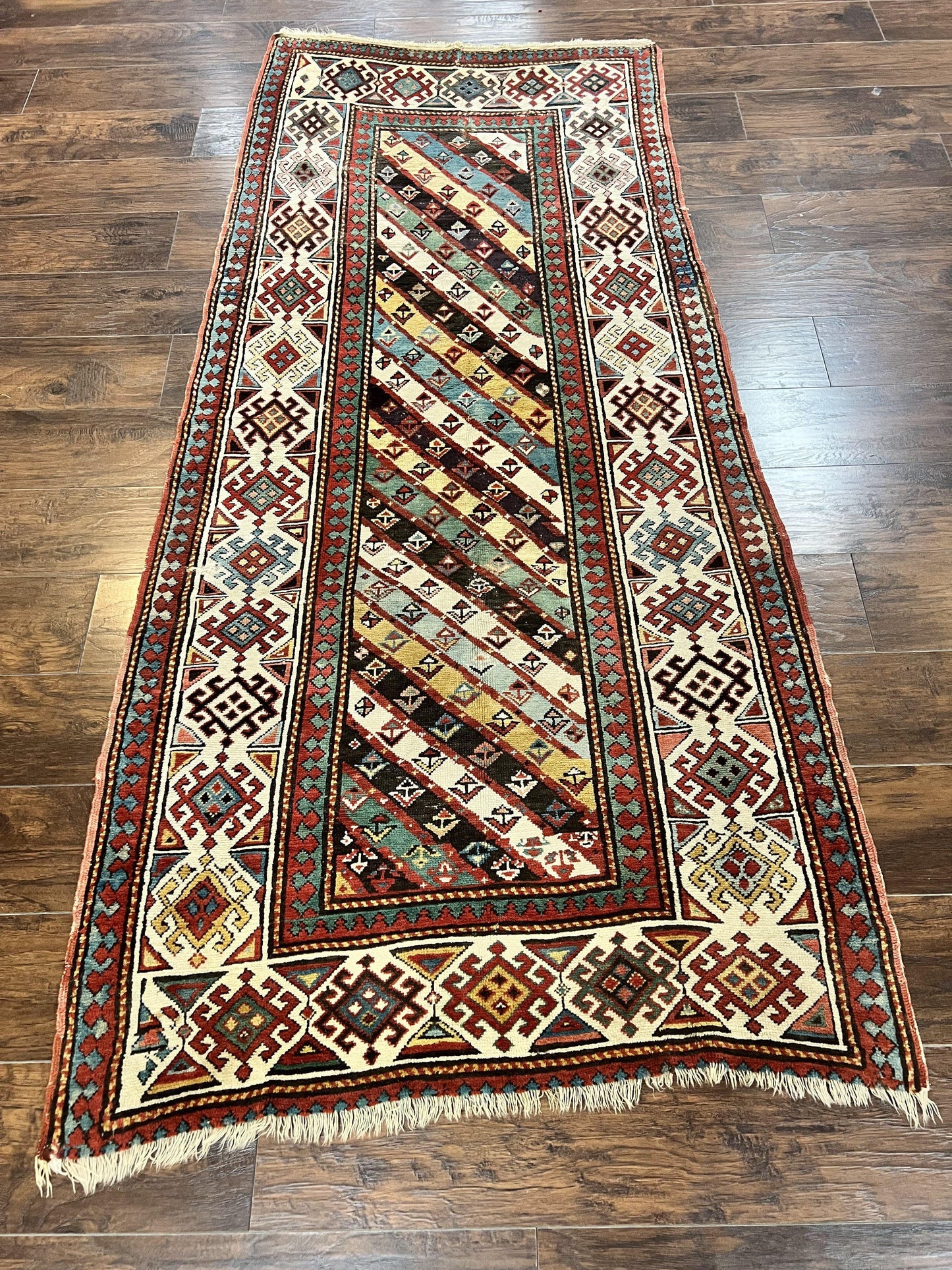 Caucasian Kazak Runner Rug 3.6 x 8, Wool Hand Knotted Antique 1880s Carpet, Ivory & Multicolor Stripes Oriental Runner Rug, Hallway Rug
