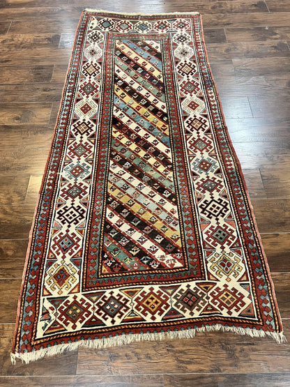 Caucasian Kazak Runner Rug 3.6 x 8, Wool Hand Knotted Antique 1880s Carpet, Ivory & Multicolor Stripes Oriental Runner Rug, Hallway Rug