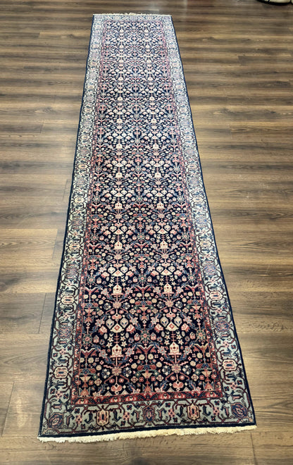 Indo Persian Runner Rug 2.8 x 12, Navy Blue, Floral, Fine 270 KPSI