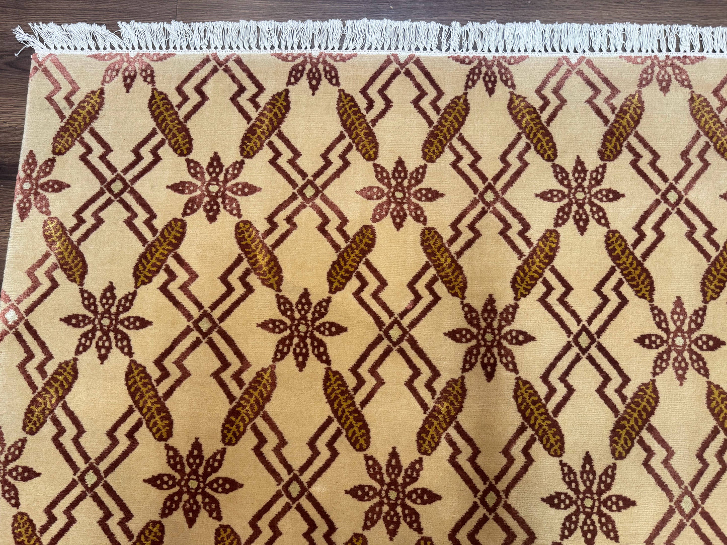 Tibetan Rug 8x10 Wool Silk Highlights Contemporary Carpet Beige And Maroon