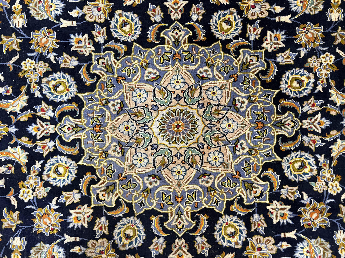 Wonderful Navy Blue Persian Kashan Rug 11x13, Allover Floral Design with Central Medallion, Wool Hand-Knotted Antique Carpet, Signed Rabani Rug