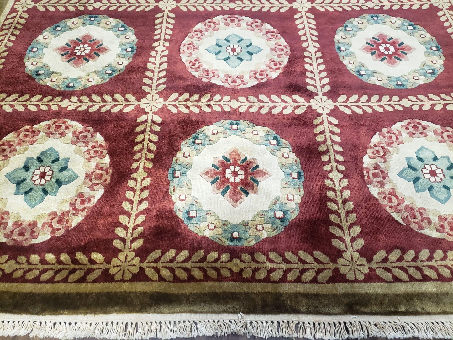 Aubusson Rug Nepalese Hand Knotted Wool 6x9 Red Ivory Area Rug For Office