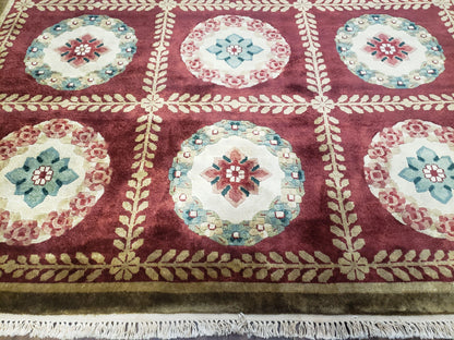 Aubusson Rug Nepalese Hand Knotted Wool 6x9 Red Ivory Area Rug For Office
