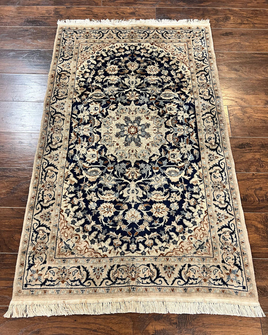 Persian Nain Rug 3x5 Hand Knotted Wool Silk Floral Medallion Vintage
