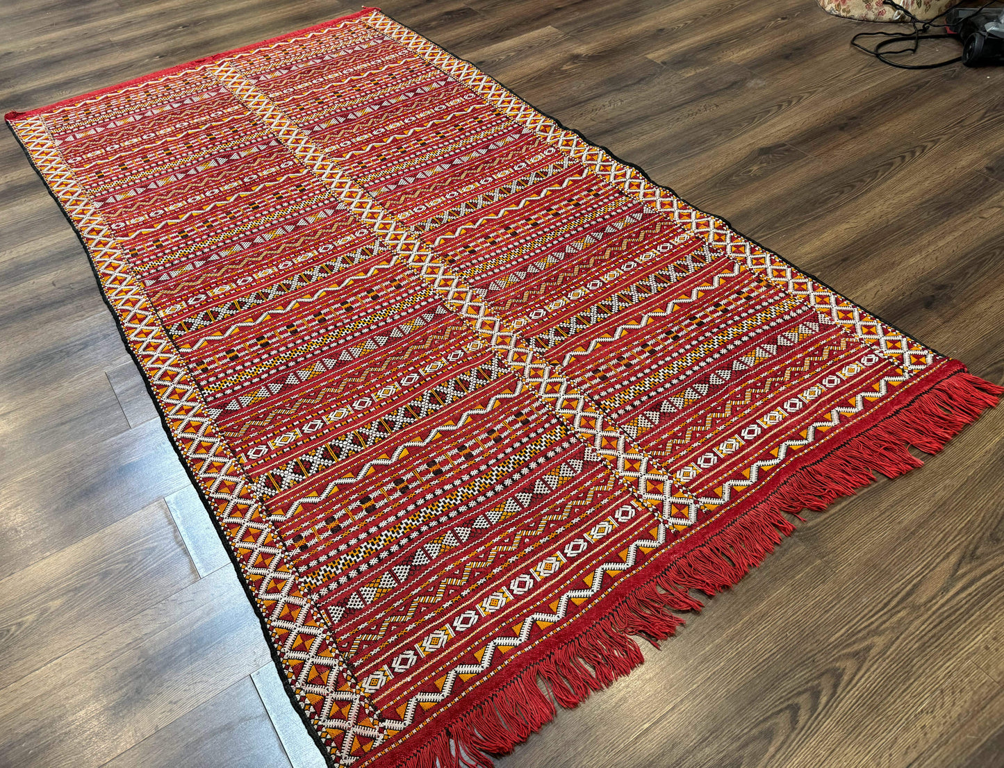 Moroccan Kilim Rug 4x8 Flatweave Bohemian Wool Area Rug In Red Ivory Orange