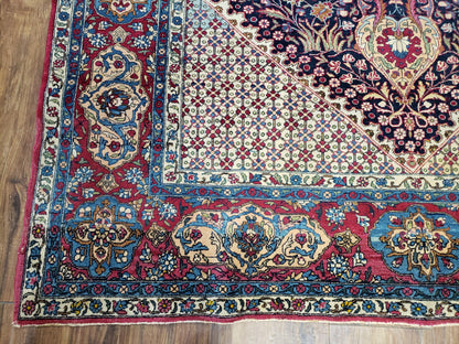 Antique Persian Tehran Rug 5x8, Midnight Blue and Red, Hand-Knotted, Wool