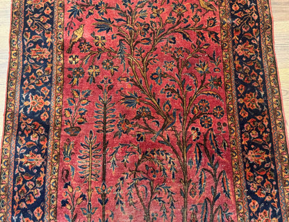 Antique Persian Tree of Life Rug 3x5, Manchester Wool, Bird Pictorials, Fine 240 KPSI, Red Navy Blue