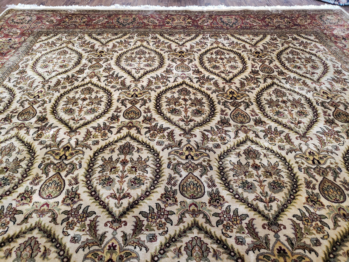 Vintage Indo Persian Area Rug 9x12, Wool Hand-Knotted Ivory & Dark Red Oriental Carpet, Fine Weave 9 x 12 Indian Rug, Dining Room Rug