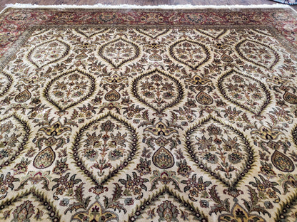 Vintage Indo Persian Area Rug 9x12, Wool Hand-Knotted Ivory & Dark Red Oriental Carpet, Fine Weave 9 x 12 Indian Rug, Dining Room Rug