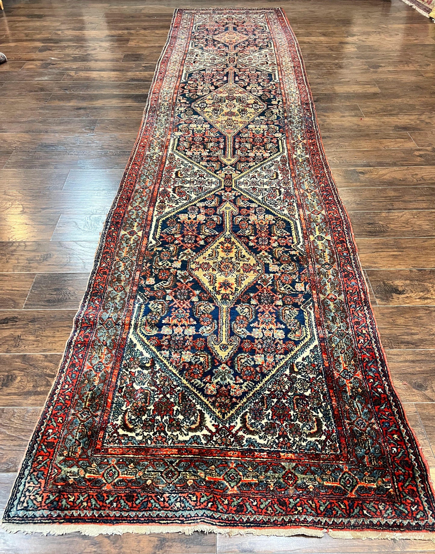 Antique Persian Runner Rug 3.7 x 15.8, Navy Blue Multicolor, Hand Knotted Handmade Wool Rug for Hallway, Geometric Medallions, Persian Hamadan Rug