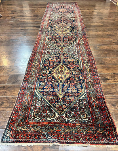 Antique Persian Runner Rug 3.7 x 15.8, Navy Blue Multicolor, Hand Knotted Handmade Wool Rug for Hallway, Geometric Medallions, Persian Hamadan Rug