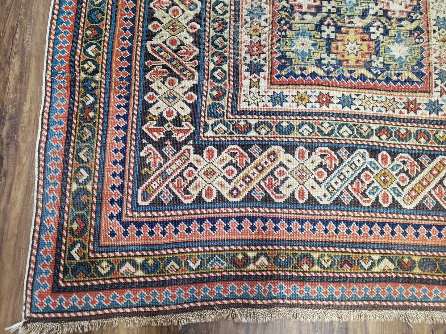 Caucasian Rug Hand Knotted 3 Ft 9 In By 5 Ft 7 In Antique 1920s Chi Chi Carpet Wool Colorful Dark Blue Cream Red