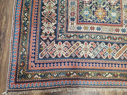 Caucasian Rug Hand Knotted 3 Ft 9 In By 5 Ft 7 In Antique 1920s Chi Chi Carpet Wool Colorful Dark Blue Cream Red