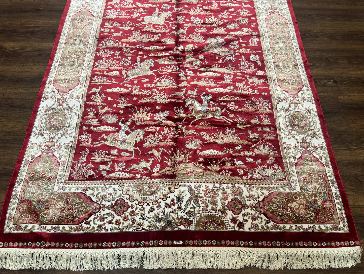 Turkish Silk Hunting Scene Rug 5 x 7.6 ft Red And Ivory Bamboo Silk