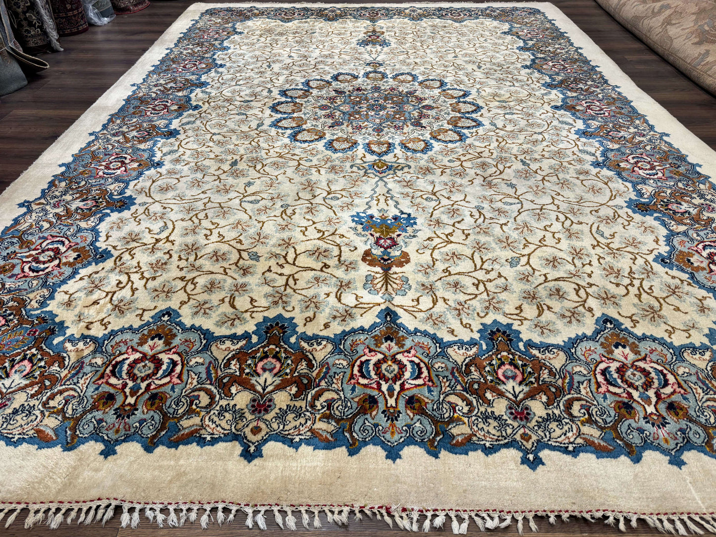 Persian Kashan Rug Hand Knotted Wool 9 X 12.6 Ivory And Blue Floral Medallion Semi Antique Carpet