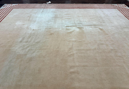 Modern Tibetan Rug 11 x 14.6, Wool and Silk, Simple Design, Handmade Large Area Rug, Cream