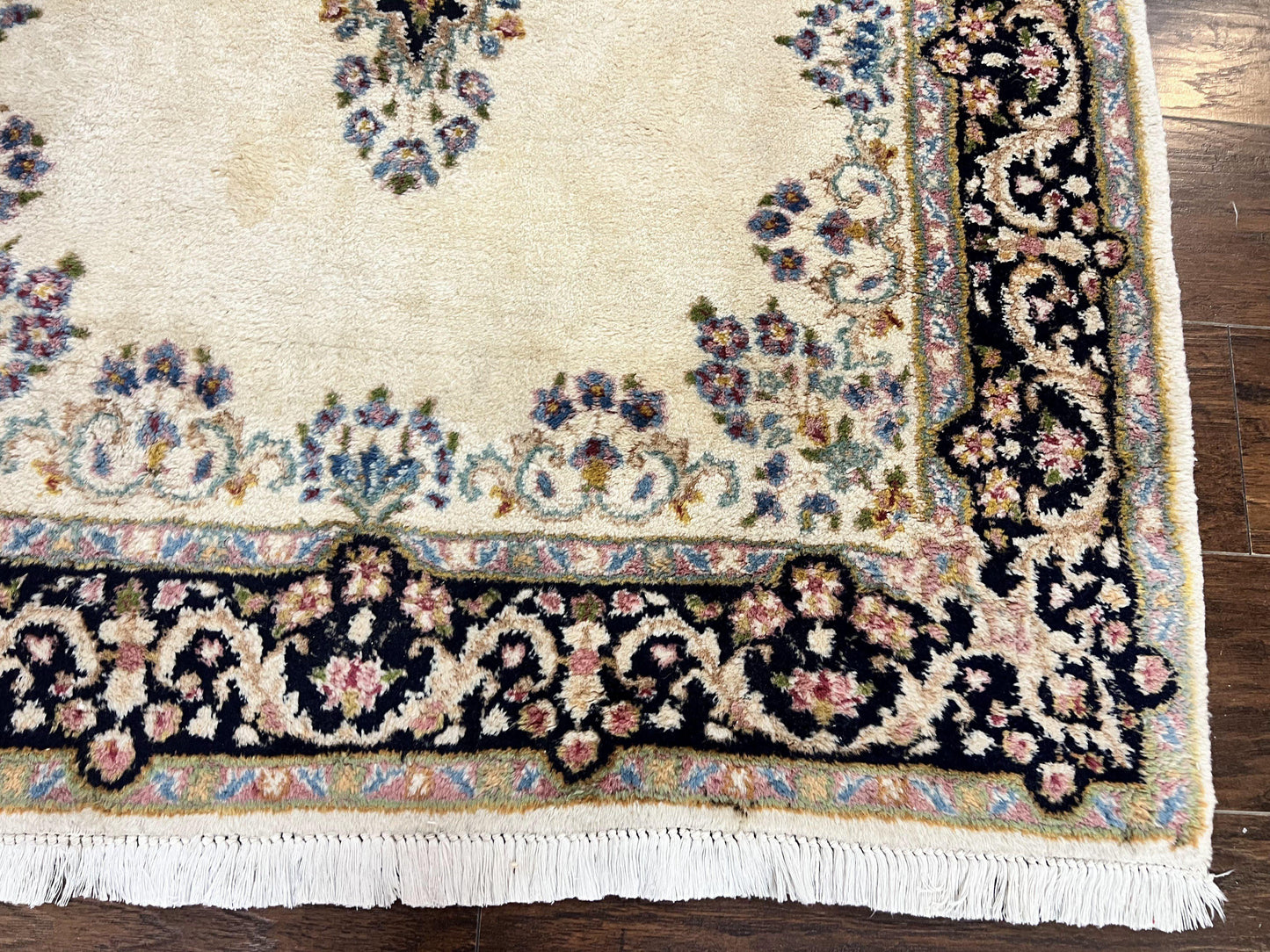 Persian Kirman Rug 4x7, Wool Hand Knotted Antique Carpet, Beige, Semi Open Field Medallion Rug, Traditional Handmade Oriental Rug