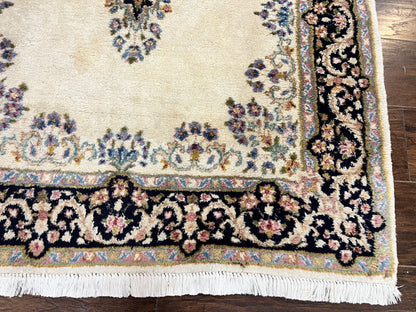 Persian Kirman Rug 4x7, Wool Hand Knotted Antique Carpet, Beige, Semi Open Field Medallion Rug, Traditional Handmade Oriental Rug