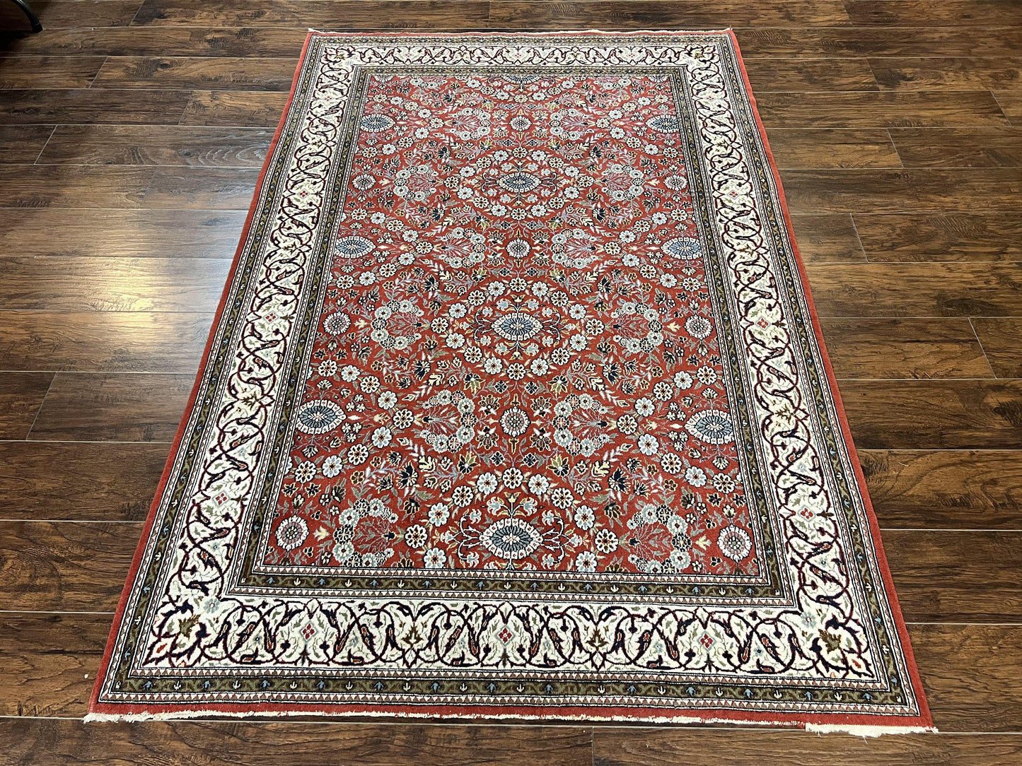 Red Persian Qum Rug 5 x 7.6, Hand Knotted Vintage Wool Fine Carpet 270 KPSI, Floral Allover