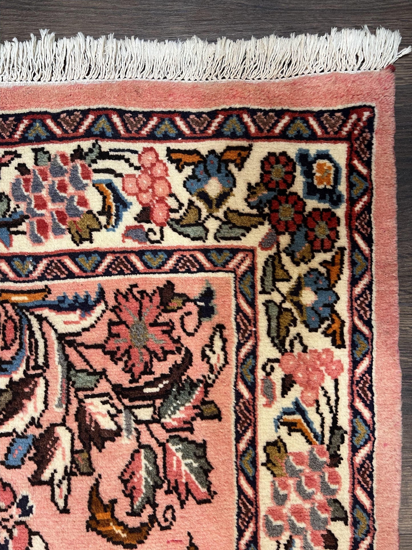 Persian Runner Rug 2.9 x 13.6, Semi Antique Vintage Persian Sarouk Hallway Rug, Wool Oriental Runner, Salmon and Cream, Floral Allover Hand Knotted