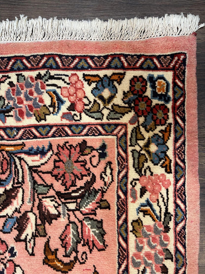 Persian Runner Rug 2.9 x 13.6, Semi Antique Vintage Persian Sarouk Hallway Rug, Wool Oriental Runner, Salmon and Cream, Floral Allover Hand Knotted