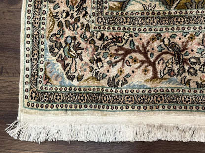 Indian Kashmiri Silk Rug 4x7, Tree of Life Design, Very Fine 380 KPSI, Birds
