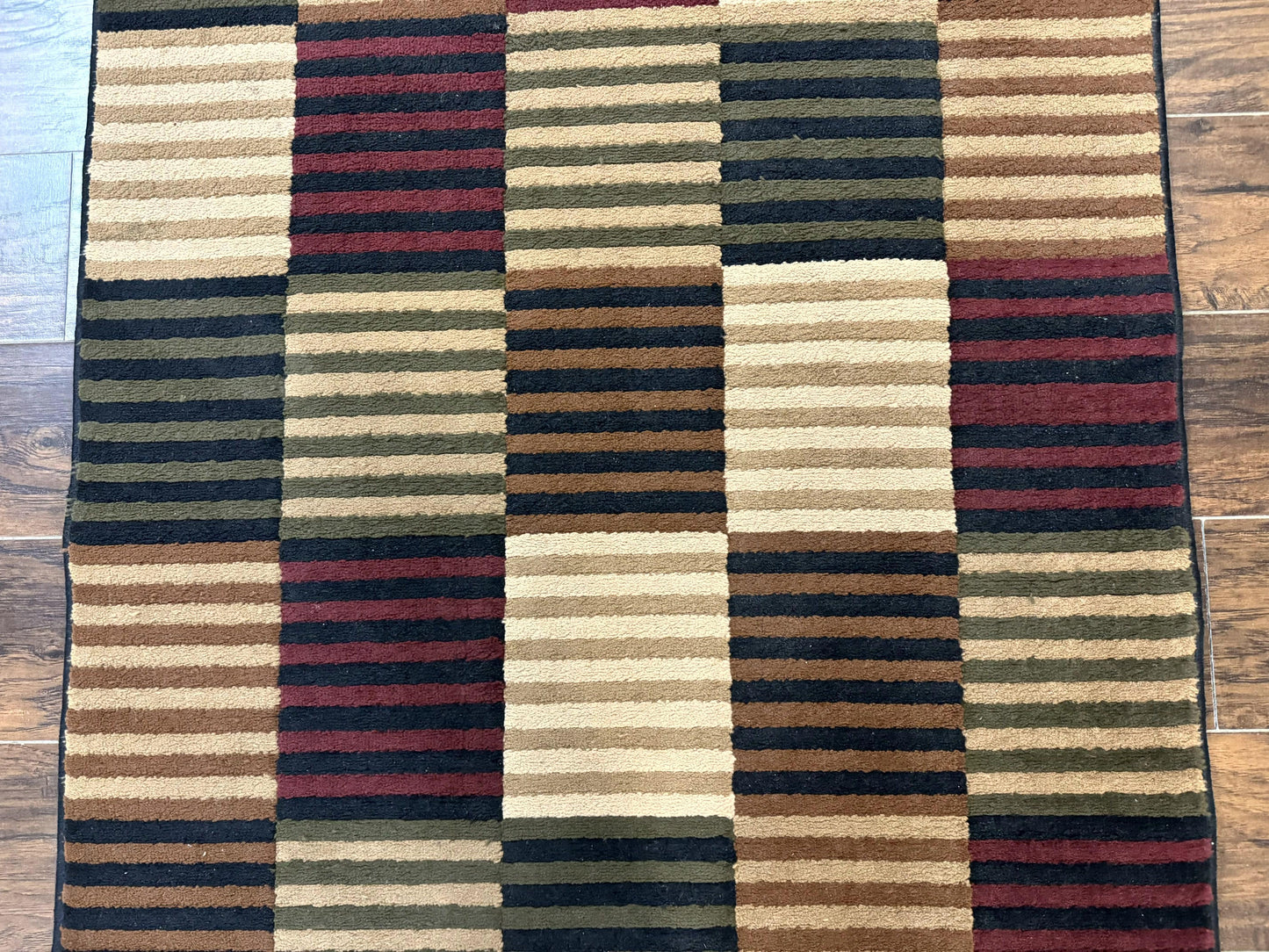 Vintage Power Loomed Rug 3.6 x 5, Brown Beige Black Tan, Box Design