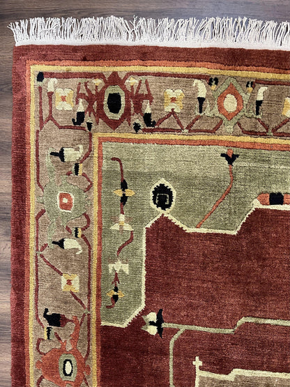 Tibetan Rug 7x10, Geometric Medallion, Red Green Taupe, Hand Knotted, Soft Wool Area Rug, Contemporary Carpet, Handmade Nepali Rug 7 x 10 ft