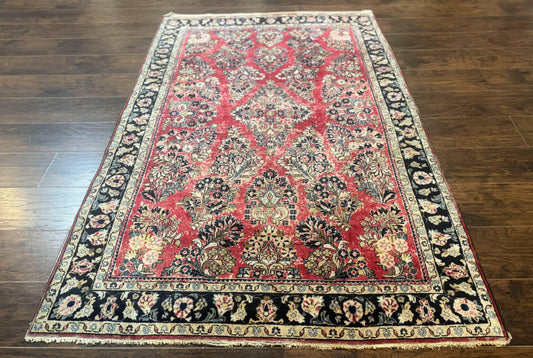 Antique Persian Sarouk Rug 4x7 Floral Red Wool Carpet 1920s