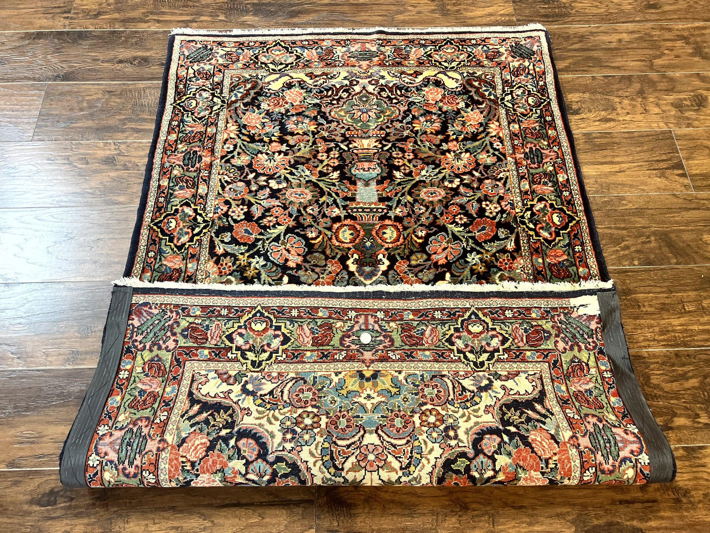 Persian Saoruk Rug 4x5 Navy Blue Red Floral Antique Wool Carpet Handmade