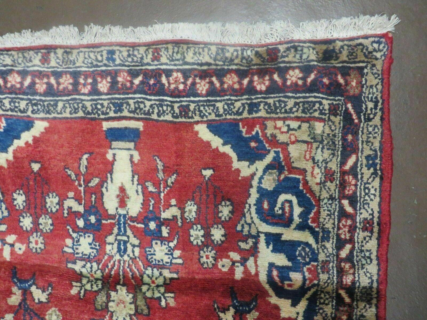 Persian Runner Rug 3 x 12, Antique Wool Oriental Runner, Floral Vases, Red & Navy Blue