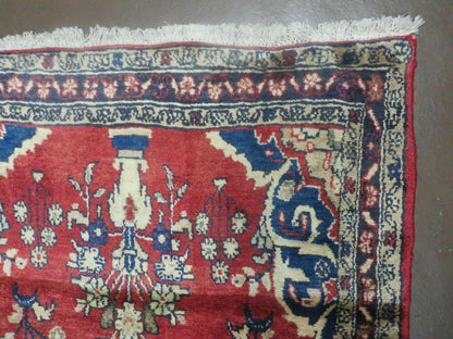 Persian Runner Rug 3 x 12, Antique Wool Oriental Runner, Floral Vases, Red & Navy Blue
