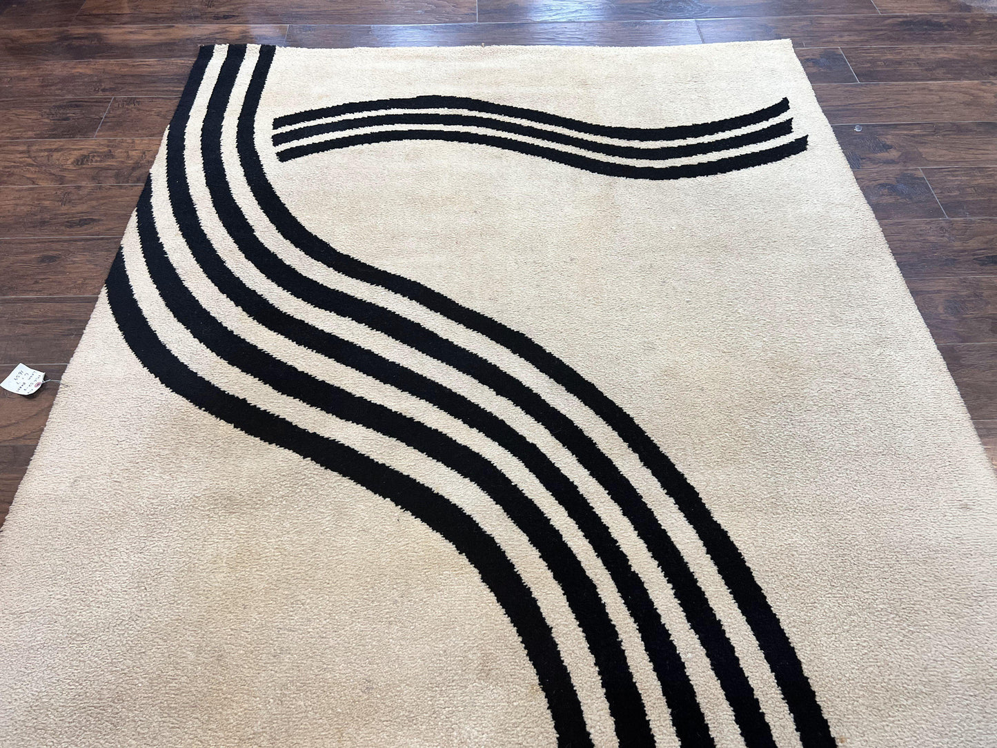 Modern Rug 6x9 Cream and Black Abstract Pattern Wool Area Rug