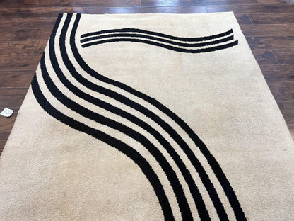 Modern Rug 6x9 Cream and Black Abstract Pattern Wool Area Rug
