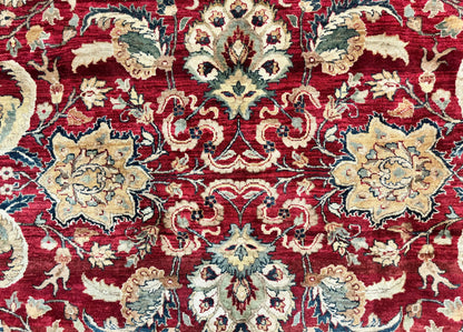 Indo Persian Rug 10x14 Vintage Handmade Wool Carpet Dark Red Navy Blue Beige