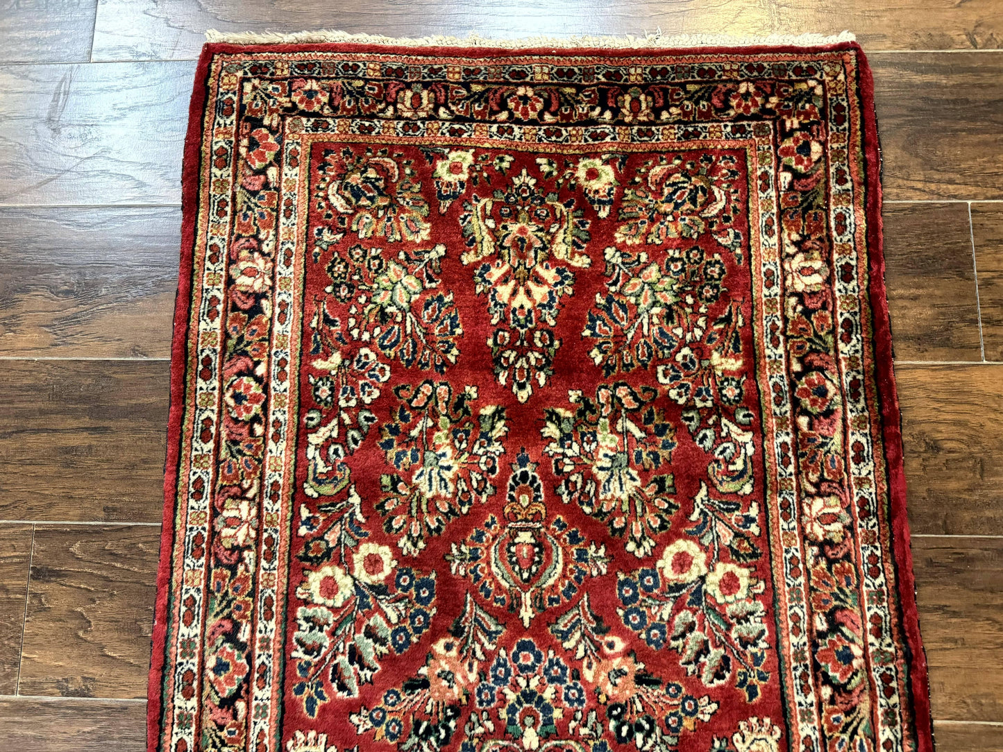 Red Persian Sarouk Rug 3 x 5.8, Antique Wool Carpet, 210 KPSI